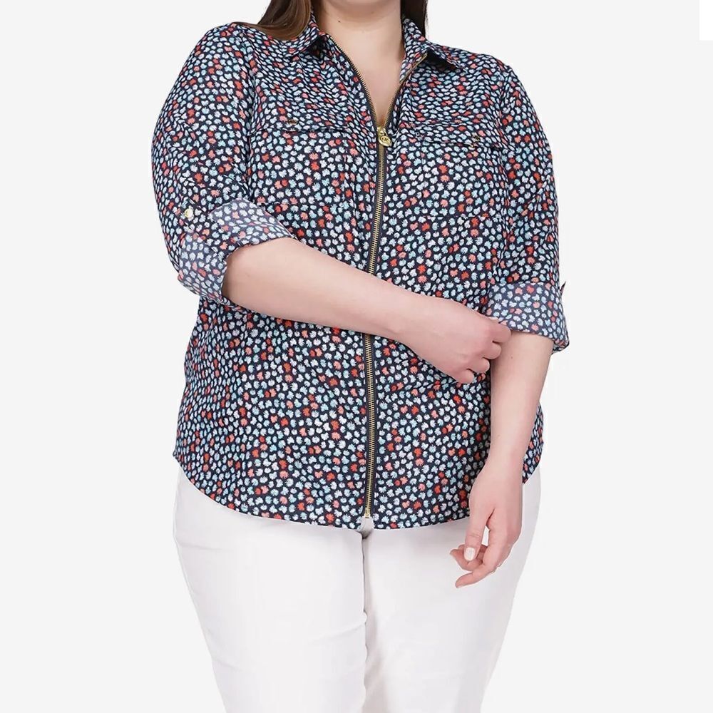 MICHAEL Michael Kors Plus Size Multi Palm Lock Zip Blouse New Size 3X